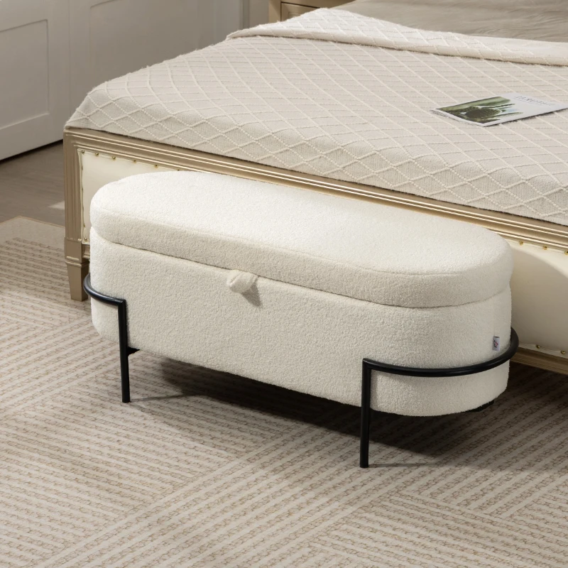 HOMCOM Storage Ottoman with Lift-Up Lid and Steel Legs, 45 Inches Sherpa Fleece Storage Chest for Living Room, Cream White