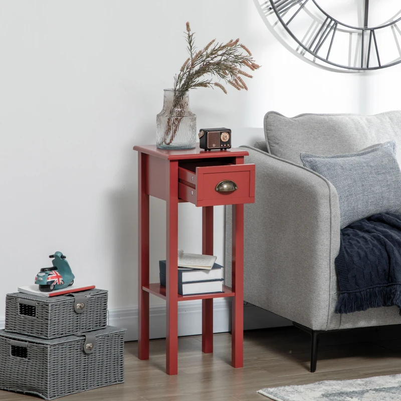 HOMCOM 2-Tier Nightstand, Side Table with Drawer and Shelf for Living Room or Bedroom, Set of 2, Red