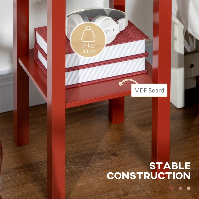 HOMCOM 2-Tier Nightstand, Side Table with Drawer and Shelf for Living Room or Bedroom, Set of 2, Red