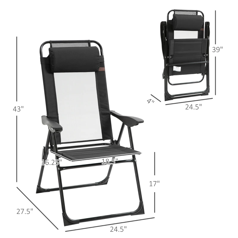 Outsunny Set of 4 Folding Patio Chairs, Camping Chairs with Adjustable Sling Back, Removable Headrest, Armrest for Garden, Backyard, Lawn, Black