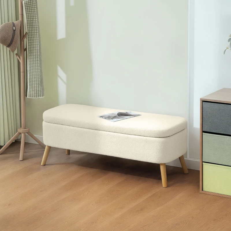 HOMCOM 47 Inches Storage Ottoman Bench, End of Bed Bench, Upholstered Teddy Fleece Storage Chest for Living Room, Beige