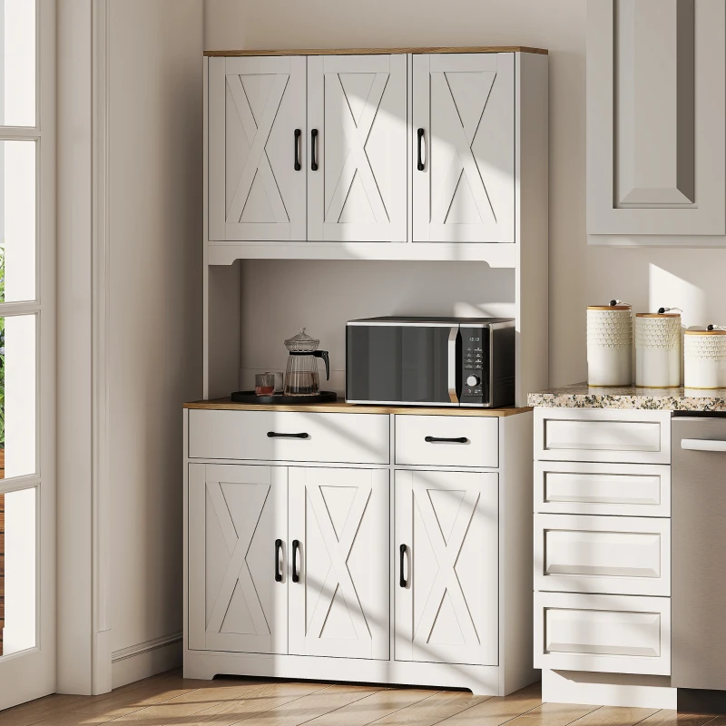 HOMCOM Tall Kitchen Pantry, 6 Doors, 2 Drawers, Adjustable Shelves & Worktop, Rustic Storage Cabinet for Living Room White