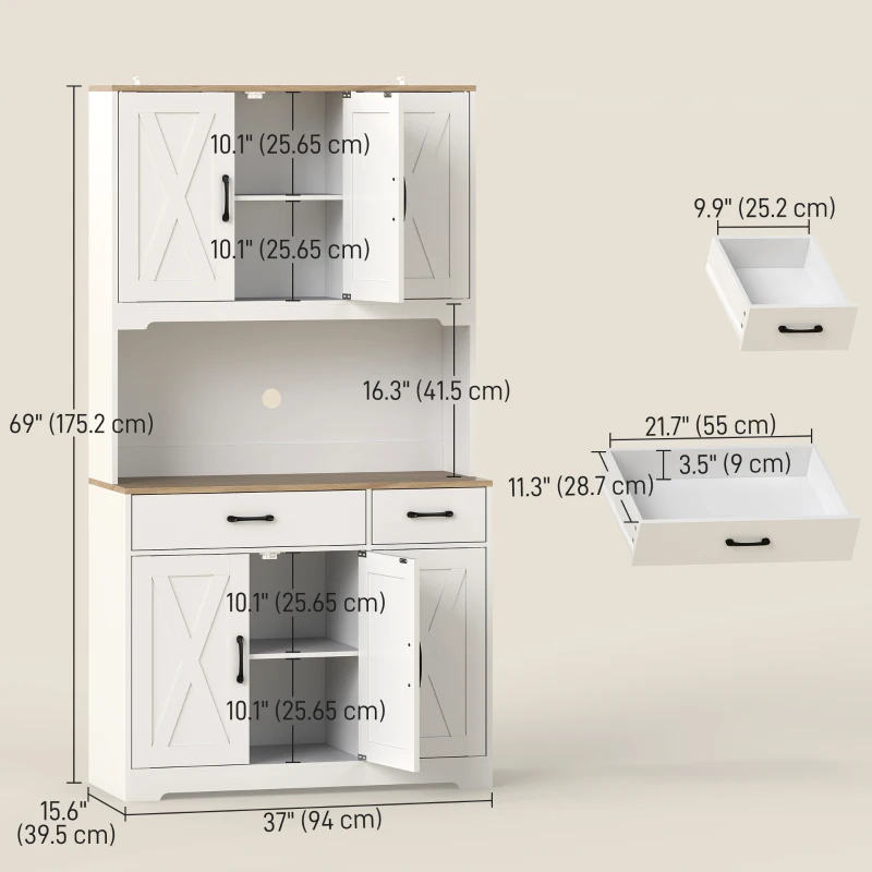 HOMCOM Tall Kitchen Pantry, 6 Doors, 2 Drawers, Adjustable Shelves & Worktop, Rustic Storage Cabinet for Living Room White