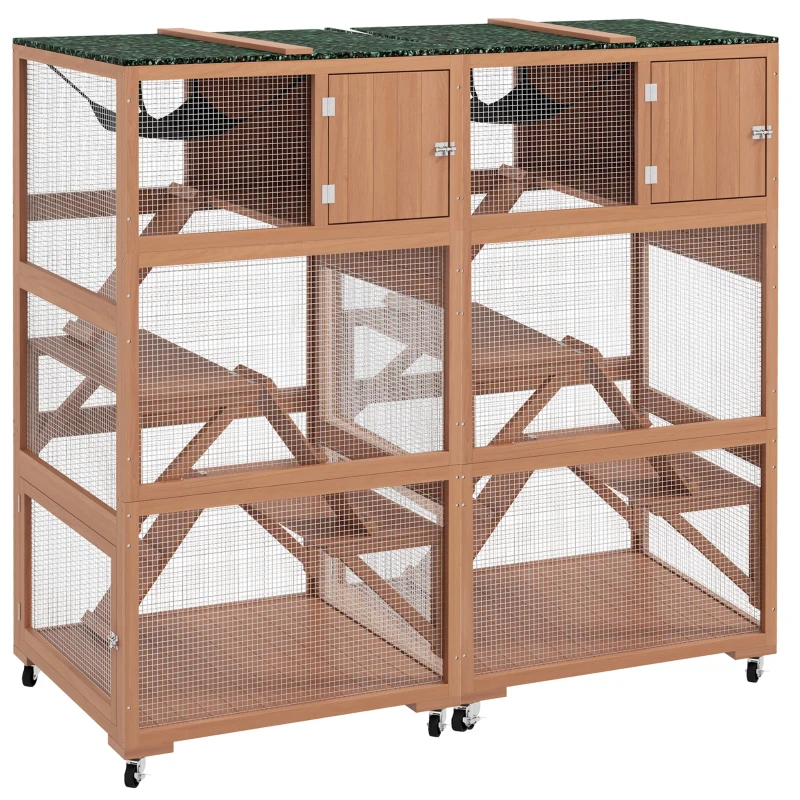 PawHut 2 Piece Wooden Catio, Cat Enclosure House with Hammock, Wheels, Platforms Ramps, Weather Protection Asphalt Roof