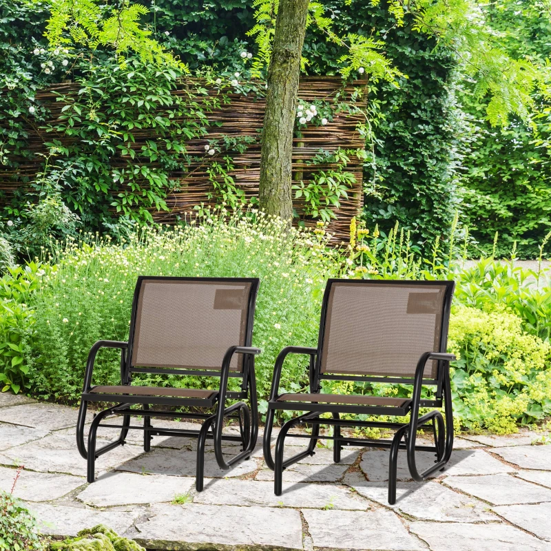 Outsunny 2 Piece Porch Glider Chair Set, Metal Frame Swing Glider Chair with Breathable Mesh Fabric, Curved Armrests and Steel Frame for Garden, Poolside, Backyard, Balcony, Brown