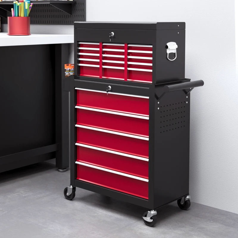 HOMCOM 14 Drawer Rolling Tool Chest, Lockable Tool Storage Cabinet with Detachable Top Toolbox, Protective Liner, Red