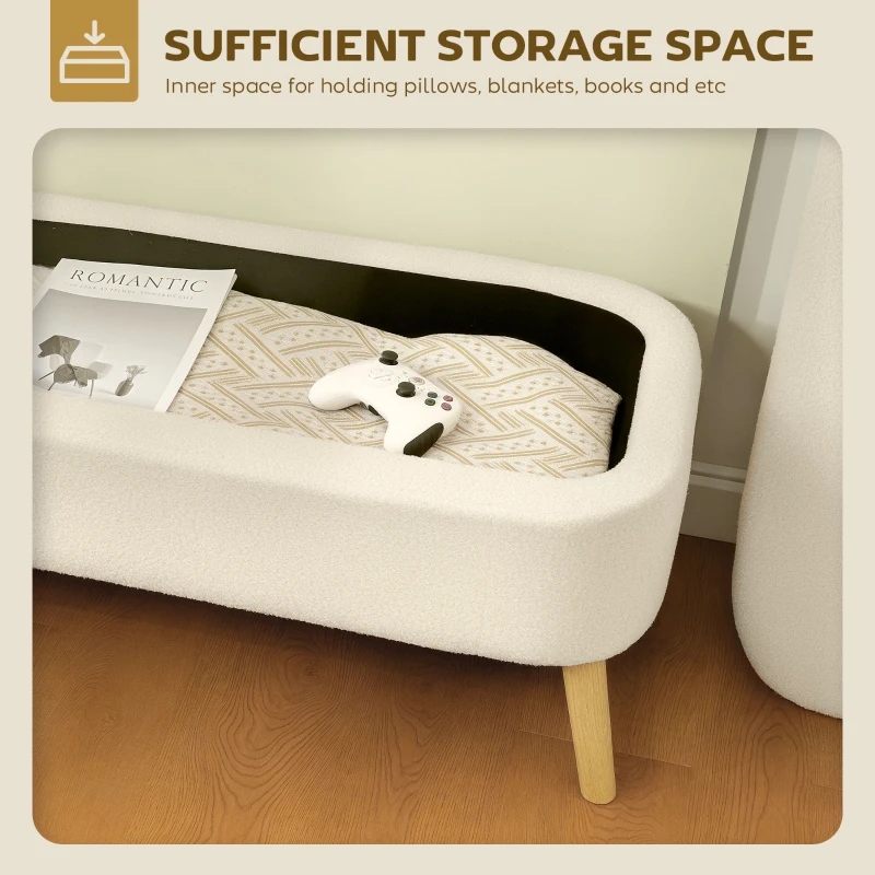 HOMCOM 47 Inches Storage Ottoman Bench, End of Bed Bench, Upholstered Teddy Fleece Storage Chest for Living Room, Beige