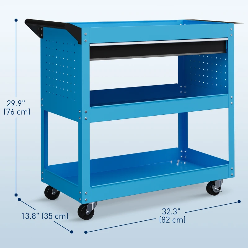 HOMCOM Tool Cart on Wheels, Utility Cart with Wheels, Ball Bearing Drawer, Storage Trays for Garage, Warehouse, Workshop, Blue