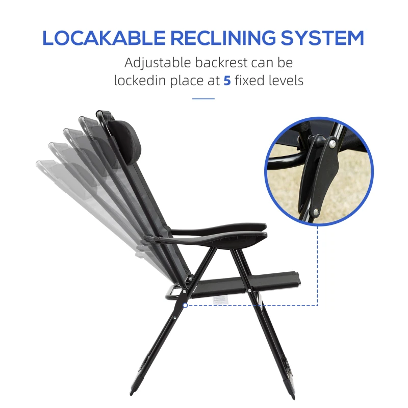 Outsunny Set of 4 Folding Patio Chairs, Camping Chairs with Adjustable Sling Back, Removable Headrest, Armrest for Garden, Backyard, Lawn, Black