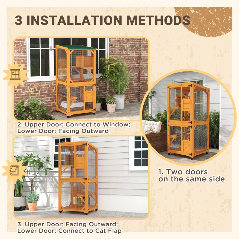PawHut 2PCs Wooden Catio with Waterproof Roof, Resting Box, Wheels, Orange