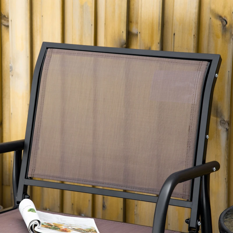 Outsunny 2 Piece Porch Glider Chair Set, Metal Frame Swing Glider Chair with Breathable Mesh Fabric, Curved Armrests and Steel Frame for Garden, Poolside, Backyard, Balcony, Brown
