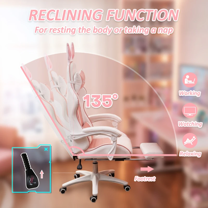HOMCOM Cute Racing Gamer Chair, PU Leather Gaming Chair with Footrest, Headrest and Lumbar Support, Pink