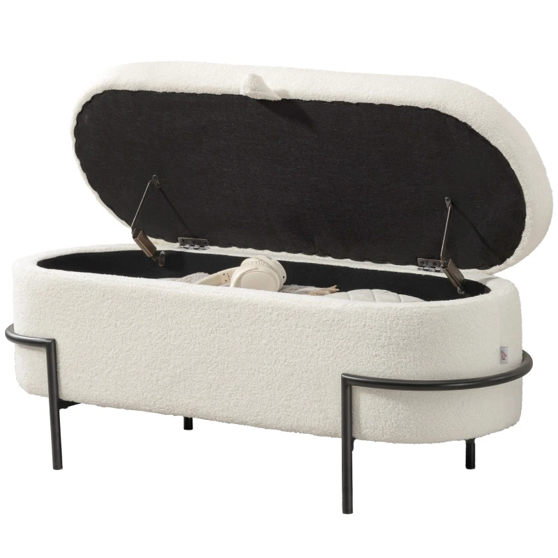 HOMCOM Storage Ottoman with Lift-Up Lid and Steel Legs, 45 Inches Sherpa Fleece Storage Chest for Living Room, Cream White