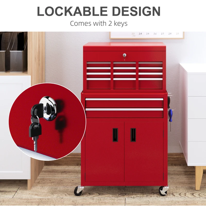 HOMCOM 6-Drawer Rolling Tool Chest, 2 in 1 Lockable Storage Cabinet with Hooks, Metal Tool Box for Garage, Workshop, Red