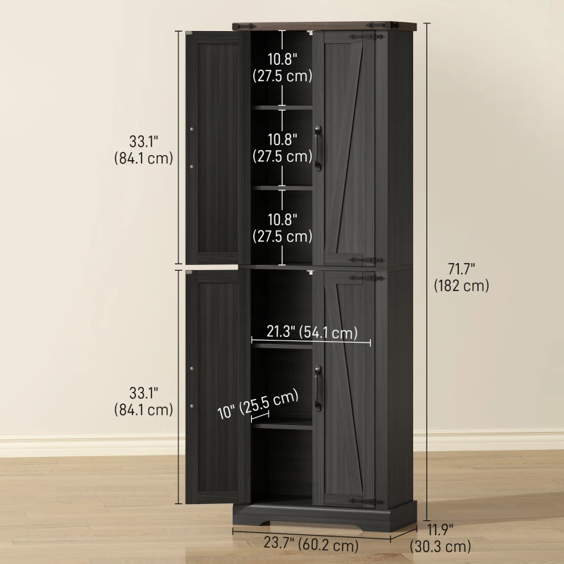 HOMCOM 72" Pantry Cabinet, Farmhouse Freestanding Kitchen Storage Cabinet with Adjustable Shelves for Dining Room, Black