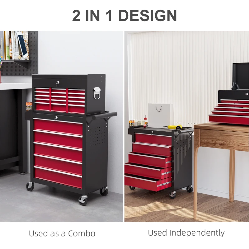 HOMCOM 14 Drawer Rolling Tool Chest, Lockable Tool Storage Cabinet with Detachable Top Toolbox, Protective Liner, Red