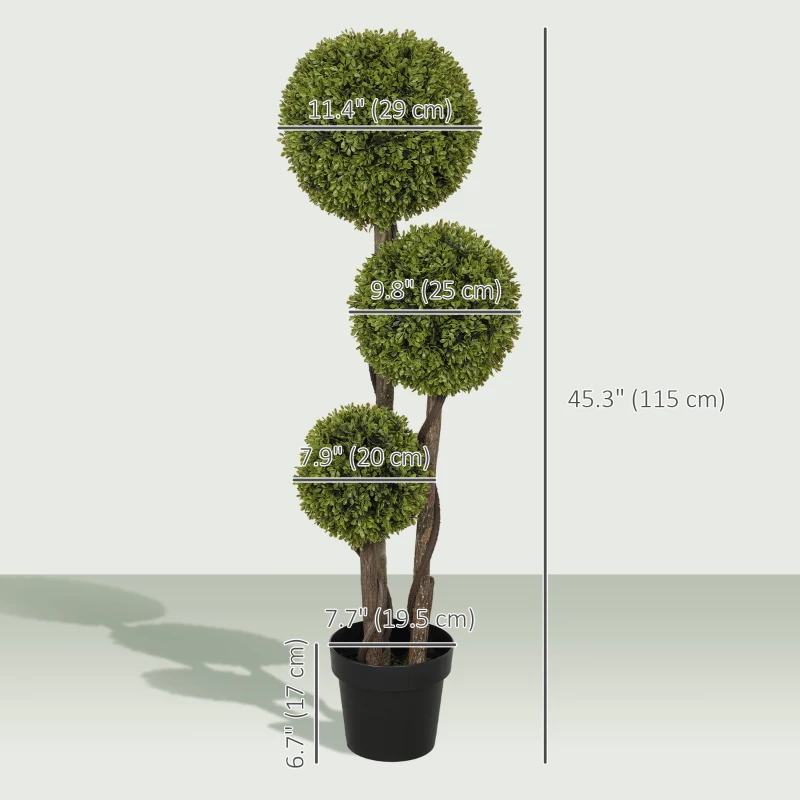 HOMCOM 45 Inch Potted Fake Plant, Artificial Boxwood Topiary Tree, Triple Ball Tree for Indoor and Outdoor, Green