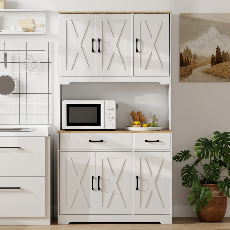 HOMCOM Tall Kitchen Pantry, 6 Doors, 2 Drawers, Adjustable Shelves & Worktop, Rustic Storage Cabinet for Living Room White