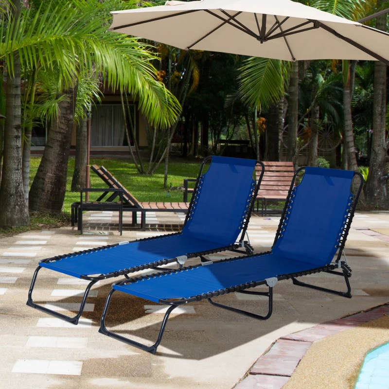 Outsunny Set of 2 Folding Chaise Lounge Chairs, Outdoor Sun Tanning Chairs with Reclining Back, Blue