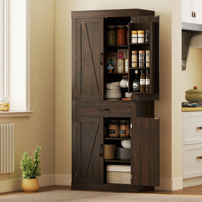HOMCOM 72" Kitchen Pantry Cabinet, Farmhouse Kitchen Storage Cabinet with 4 Barn Doors, 6 Door Shelves, Drawer, Brown