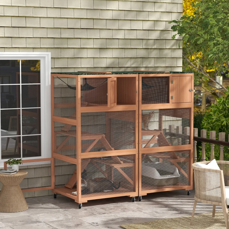 PawHut 2 Piece Wooden Catio, Cat Enclosure House with Hammock, Wheels, Platforms Ramps, Weather Protection Asphalt Roof