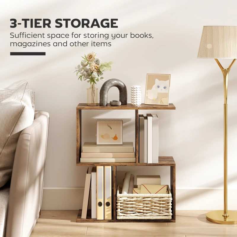 HOMCOM End Table, Narrow Side Table with Storage Shelves, S-Shaped, 3-Tier, 19.7" W x 7.7" D x 22.8" H, Rustic Brown