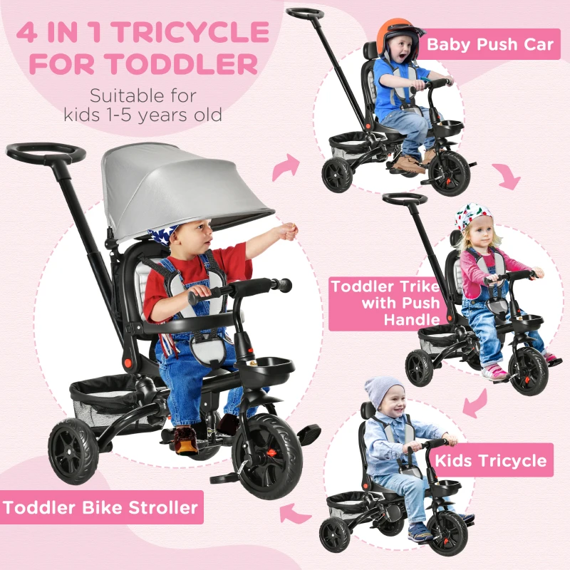 Qaba Kids Tricycle, 5 in 1 Foldable Trike with Reversible Seat, Adjustable Parent Handle, Safety Harness, Wheel Brakes, Removable Canopy, Storage, Tricycle for Toddlers 1-5 Years, Gray