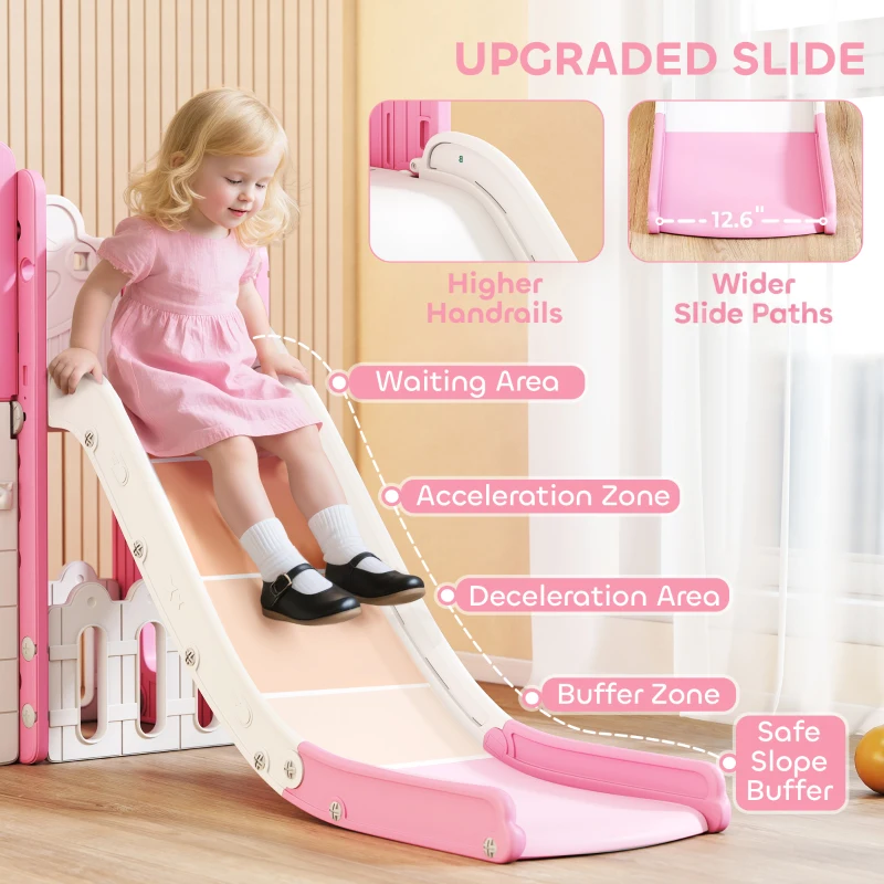 Qaba 7 in 1 Kids Slide with Climber, Basketball Hoop, Telescope, Indoor Outdoor Playground, for Boys Girls Ages 1-3, Pink