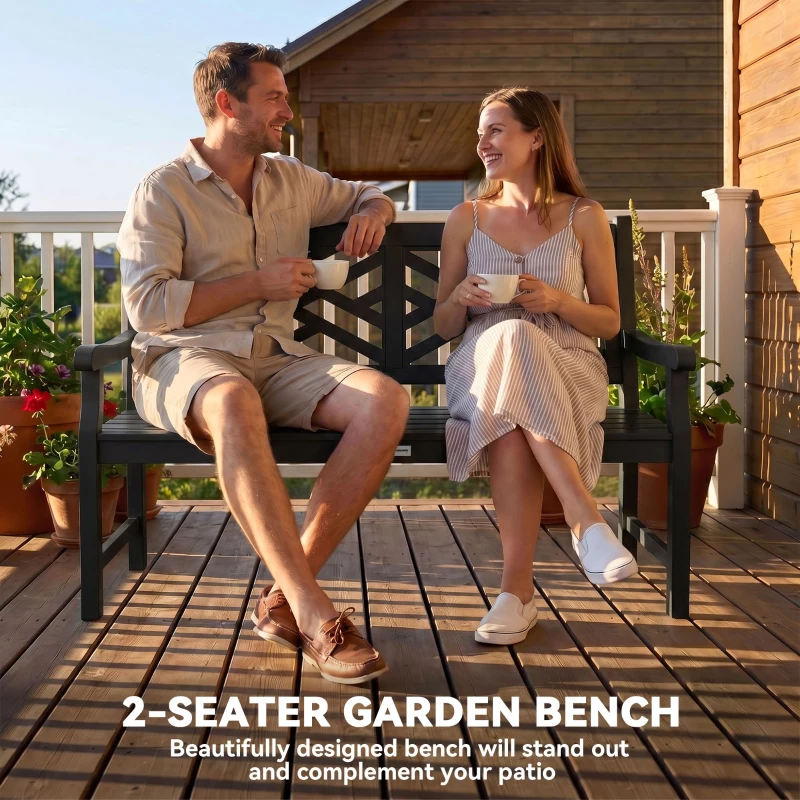 Outsunny 46" Outdoor Bench, Wooden Patio Loveseat with Slatted Frame and Armrests, 2 Seater Garden Bench for Porch, Lawn, Black