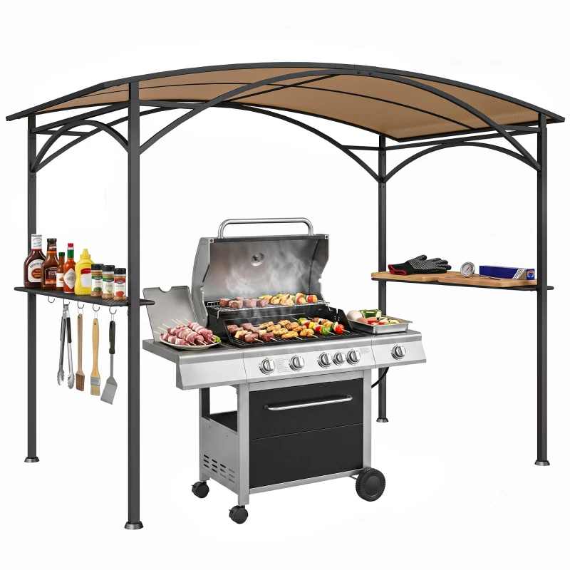 Outsunny 8' x 5' Hardtop Grill Gazebo, Outdoor BBQ Gazebo with PC Board Roof, BBQ Canopy Gazebo with 2 Side Shelves and 5 Hooks