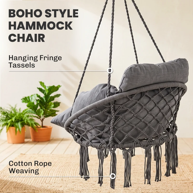 Outsunny Hammock Swing Chair, Macrame Hanging Chair with Large Cushion, Chain, Steel Frame for Indoor Outdoor Use, Dark Gray