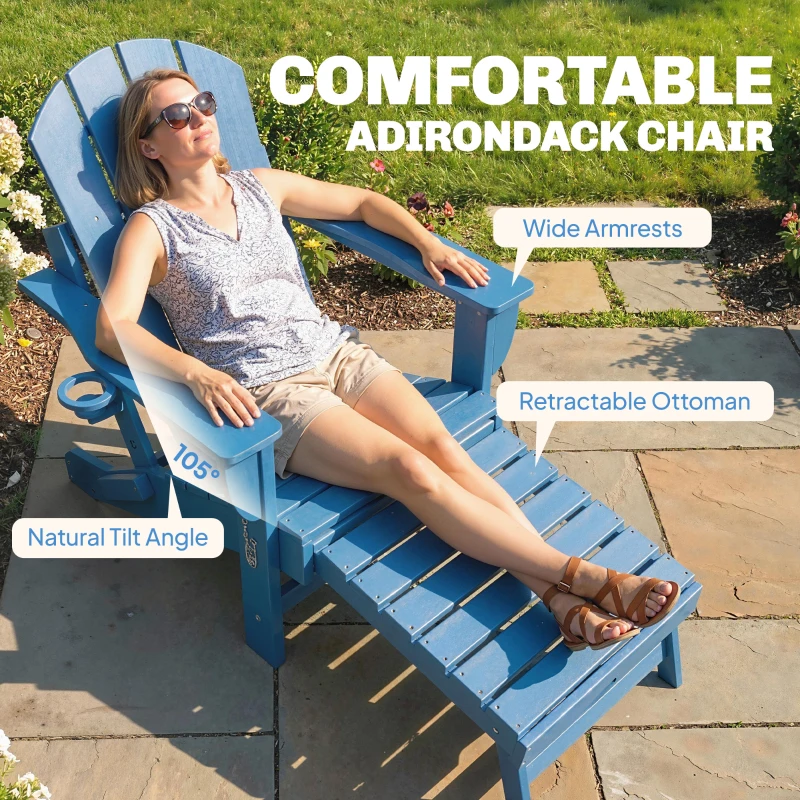 Outsunny Folding Adirondack Chair Set of 2, HDPE Fire Pit Chair with Retractable Ottoman and Cup Holder, Blue