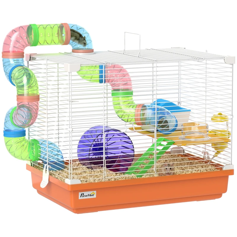 PawHut 18"L Hamster Cage, Small Animal House, 2-Level Rat Gerbil Haven with Tunnel Tube System, Orange
