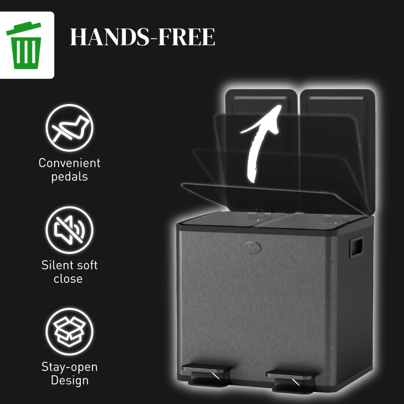 HOMCOM Garbage Bin, Soft-Close Trash Can with Foot Pedal, 2x4 Gallon (2x15 L) Garbage Can with Removable Inner Buckets, Black