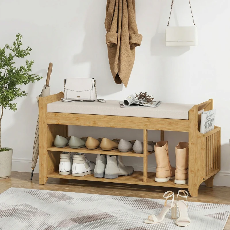 HOMCOM Shoe Bench with Cushioned Seat Shoe Storage Bench with Side Umbrella Holder for Entryway Natural and Cream
