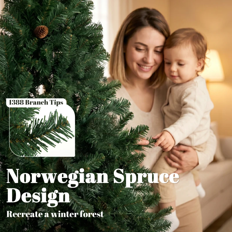HOMCOM 7.5 ft Artificial Christmas Tree, Norway Spruce Tree, Hinged Xmas Tree with Metal Stand