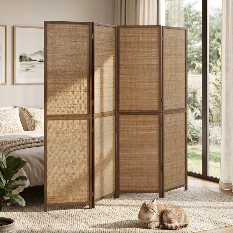 HOMCOM Room Divider, 4 Panel Folding Privacy Screen, 6 FT Tall Hand-Woven Bamboo Wall Partition, Brown