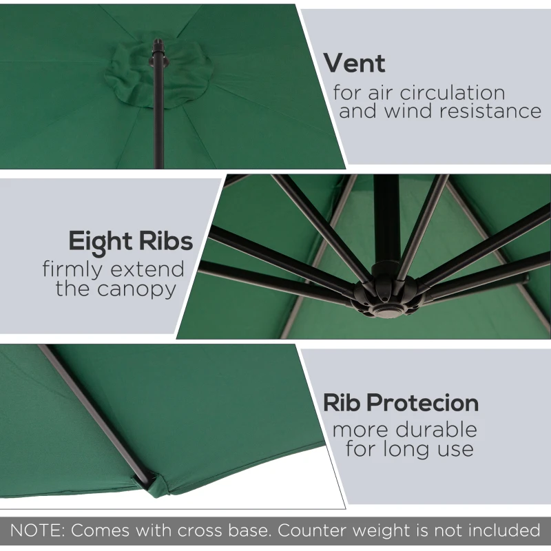Outsunny 9.7ft Offset Patio UmbrellaCantilever Parasol with Crank Handle, 8 Ribs and Cross Base for Outdoor, Sun Shade, Green