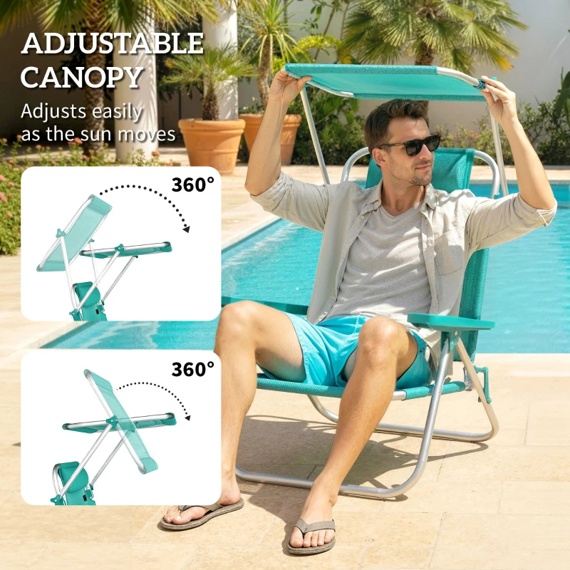 Outsunny 2 Piece Folding Beach Chairs with Adjustable Canopy, 6-Position Reclining Lounge Chair with Headrest, Turquoise