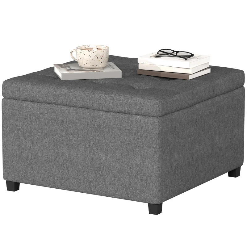 HOMCOM Round Storage Ottoman Bench, Button Tufted Ottoman with Flip Top for Living Room, Entryway and Bedroom, Gray
