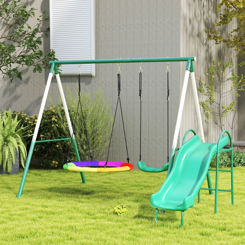 Qaba Metal Swing Set with Slide, Saucer Swing Seat, Heavy Duty A-Frame Stand and Adjustable Rope for Backyard, Dark Green