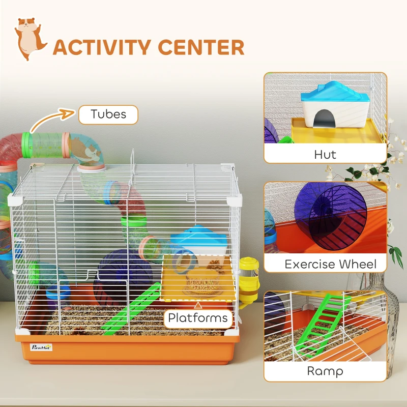 PawHut 18"L Hamster Cage, Small Animal House, 2-Level Rat Gerbil Haven with Tunnel Tube System, Orange