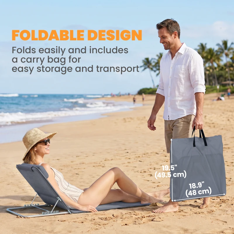Outsunny 2 Pieces Beach Lounge Chair, Outdoor Folding Chaise Lounge Set w/ Pillow for Sunbath, Snap, Grey