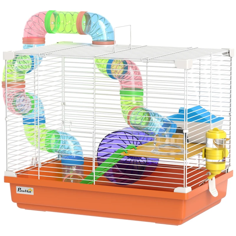 PawHut 18"L Hamster Cage, Small Animal House, 2-Level Rat Gerbil Haven with Tunnel Tube System, Orange