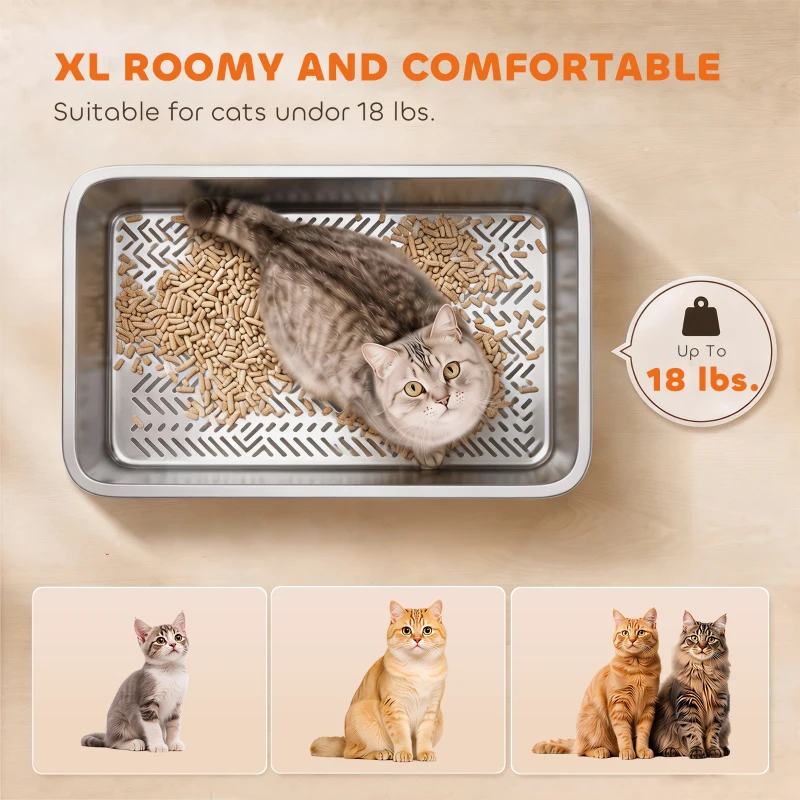 PawHut Stainless Steel Litter Box, XL Sifting Cat Litter Box for Medium, Large Cat, Non-Sticky, Odour Free, Easy Clean, Silver