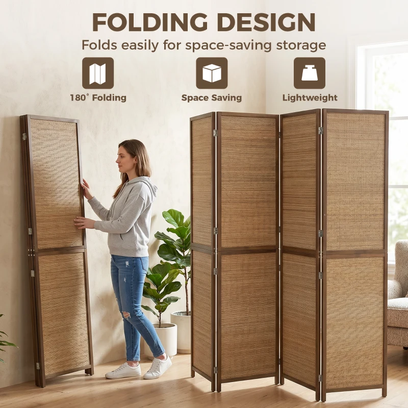 HOMCOM Room Divider, 4 Panel Folding Privacy Screen, 6 FT Tall Hand-Woven Bamboo Wall Partition, Brown