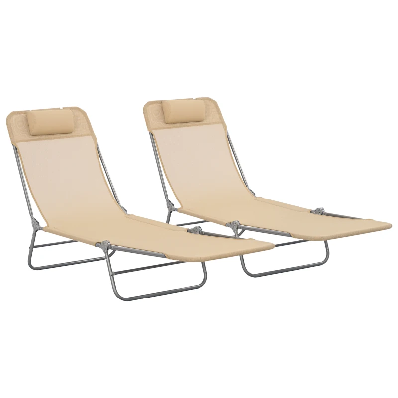 Outsunny Folding Outdoor Lounge Chair Set of 2, Reclining Tanning Chair with 5-Position Adjustable Backrest, Brown