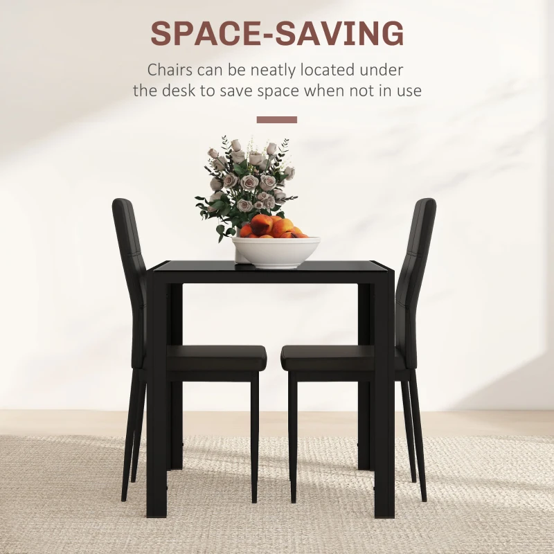 HOMCOM 3-Piece Rectangular Glass Kitchen Table and Chairs with Metal Frame and Faux Leather Upholstery for Dining Room, Black