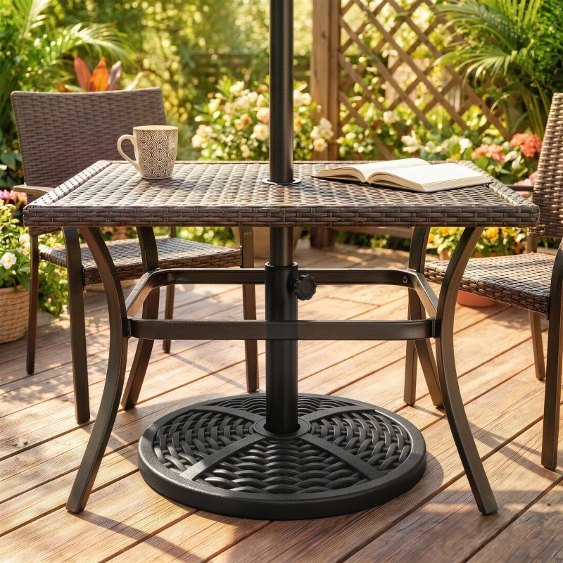 Outsunny 21 lbs Cement Round Market Umbrella Base Holder, 18" Heavy Duty Parasol Stand with Rattan Design for Patio, Black