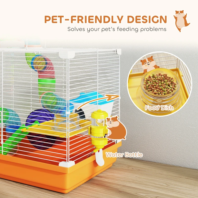 PawHut 18"L Hamster Cage, Small Animal House, 2-Level Rat Gerbil Haven with Tunnel Tube System, Orange